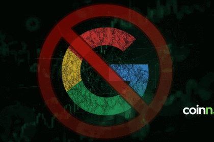 Logo Google Play z ikoną portfela krypto i komunikatem o blokadzie aplikacji w wybranych krajach.