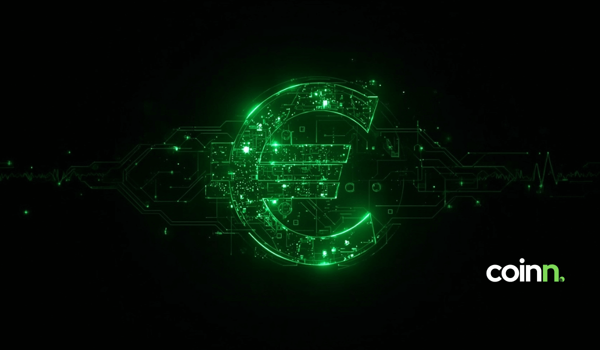 logo cyfrowego euro z mapą UE w tle, symbolizująca opóźnienie wdrożenia waluty cyfrowej do 2029 r.