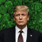 Ilustracja przedstawiająca cyfrowe monety, złoto i flagę USA, symbolizujące plan Ameryki na reset długu narodowego za pomocą kryptowalut i stablecoinów.