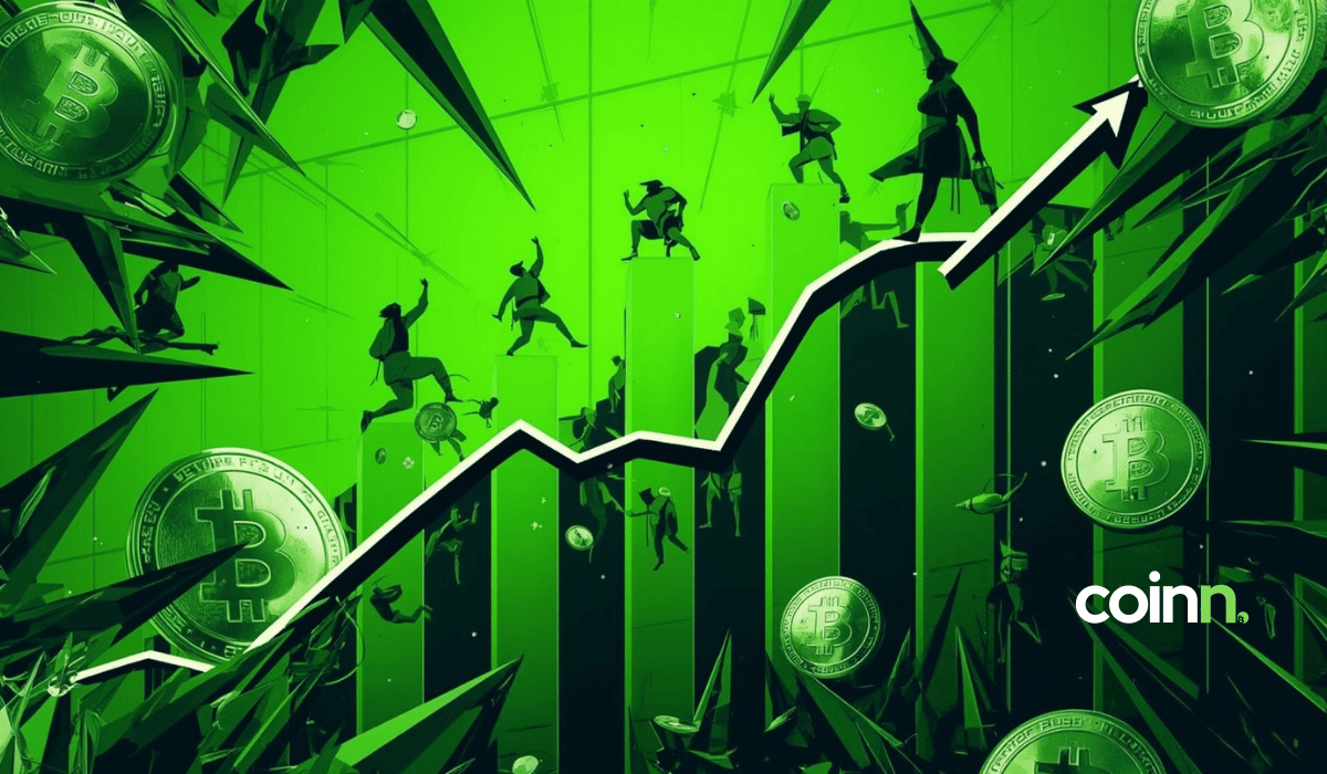 Wykres cen Bitcoina i Ethereum w bull market 2025 z tłem pokazującym wzrost rynku kryptowalut i akcji, z logo Coinn.pl w rogu.